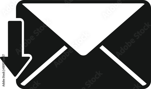 Black envelope icon with downward arrow, representing incoming email, message download, digital communication, and mail reception