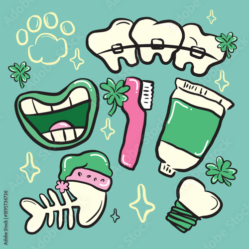 Cute hand drawn dental St Patrick day clip art