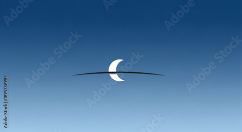 Crescent moon symbol floating in a clear blue sky with gradient background representing peacefulness and serenity in a minimalist design