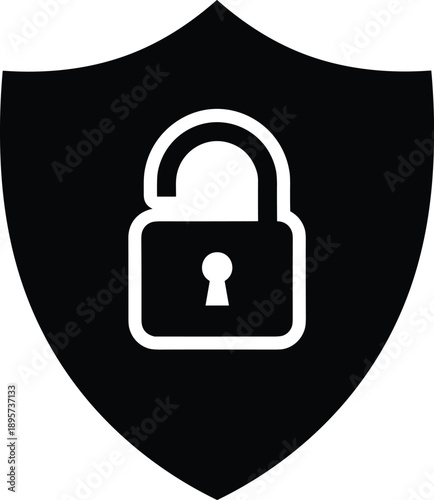 Black shield icon with unlocked padlock outline, symbolizing open access, security vulnerability, and digital protection status