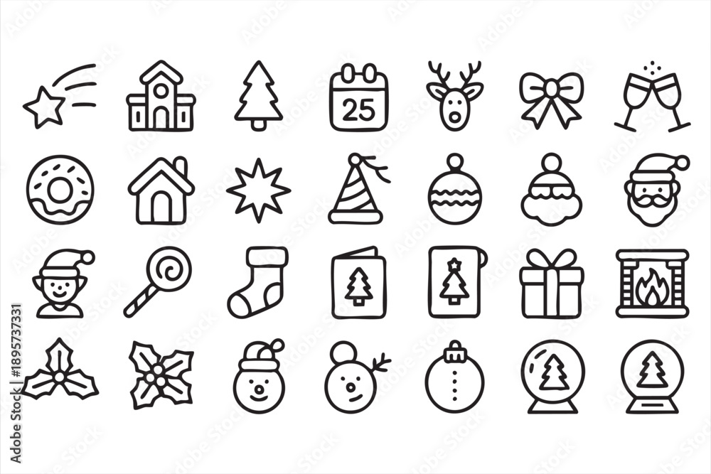 Fototapeta premium Black and White Christmas Line Icons for Cards and Marketing