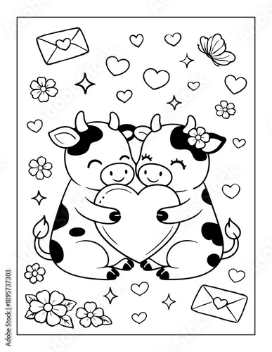 Cute Cows Animals Valentine's Day Coloring Page