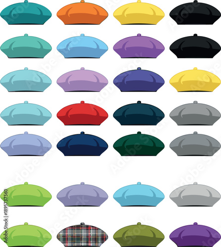 Colorful beret hat vector collection featuring traditional french style headwear in various vibrant shades and patterns for fashion and clothing design.