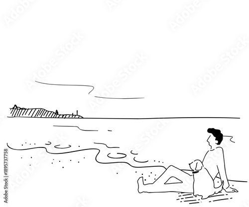 犬と海岸に座る男性の線画イラスト