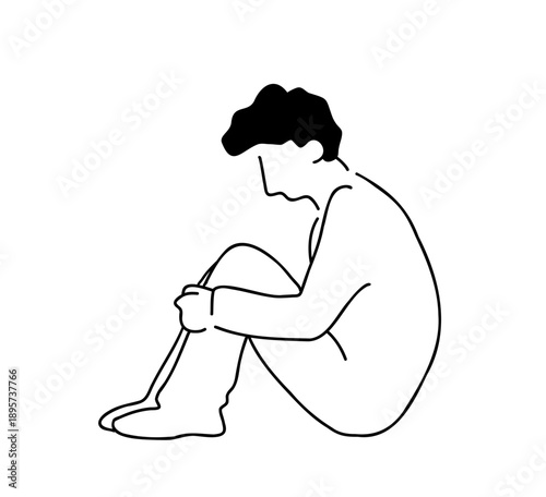 膝を抱える男性の線画イラスト