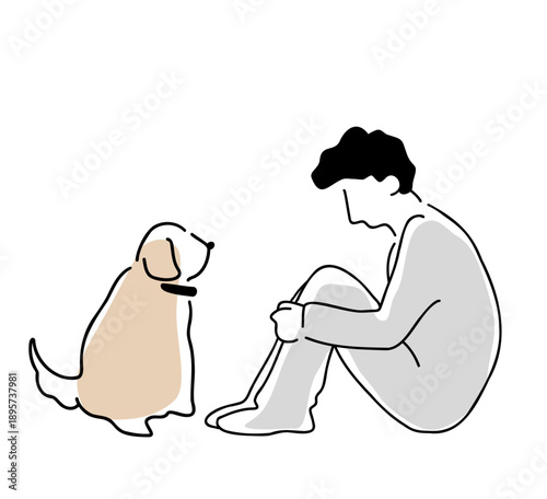膝を抱える男性と犬の線画イラスト　色付き