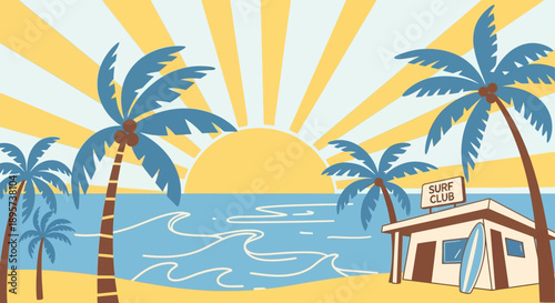 Tropical beach scene with surf club and palm trees