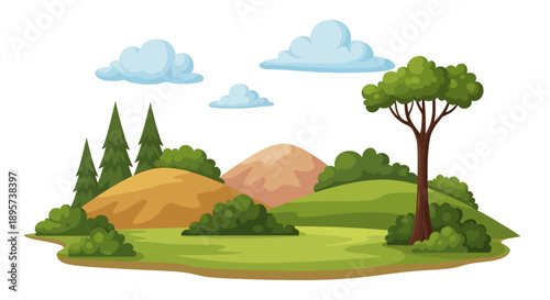 Cartoon Landscape with Hills and Trees