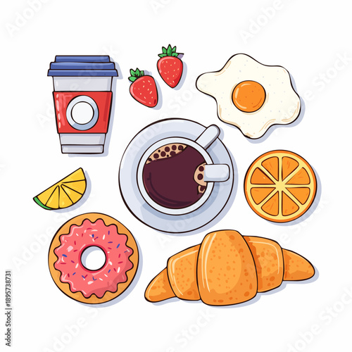 Breakfast Food Flat Lay Vector Illustration with Coffee, Egg, Croissant, Donut, and Fruit
