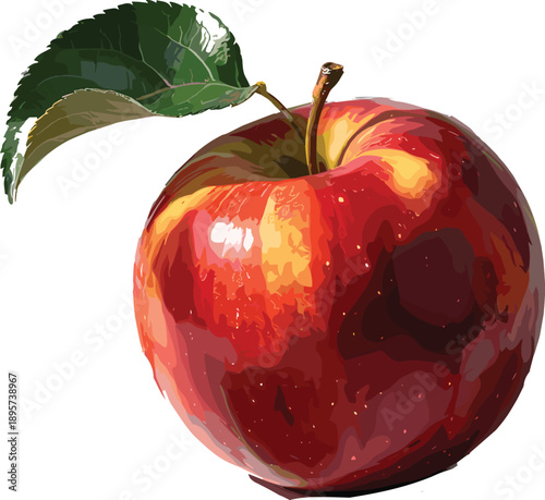 Realistic Red Apple Illustration with Green Leaf on White Background, Fresh Fruit Vector for Healthy Eating, Nutrition, and Organic Food Design,