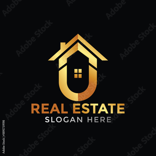 Golden 'U' shaped house logo symbolizing real estate, home, and investment opportunities.
