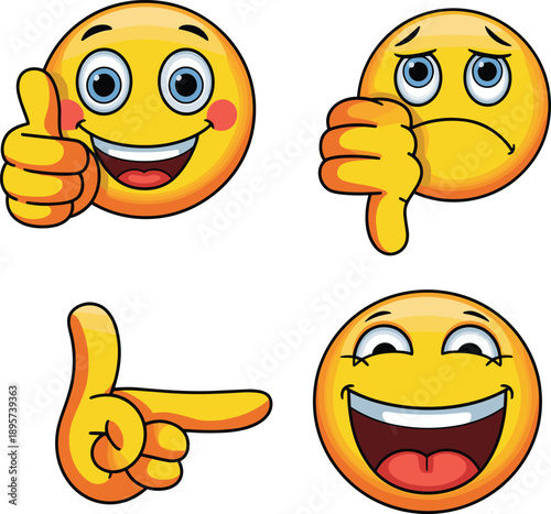 Set of cartoon yellow emoji character face icons featuring happy thumbs up, sad thumbs down, laughing, and pointing hand gesture emotions.