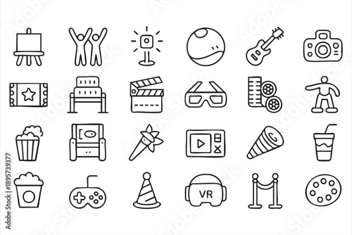 Media and Fun Activity Icons Featuring Video, Music, and Games