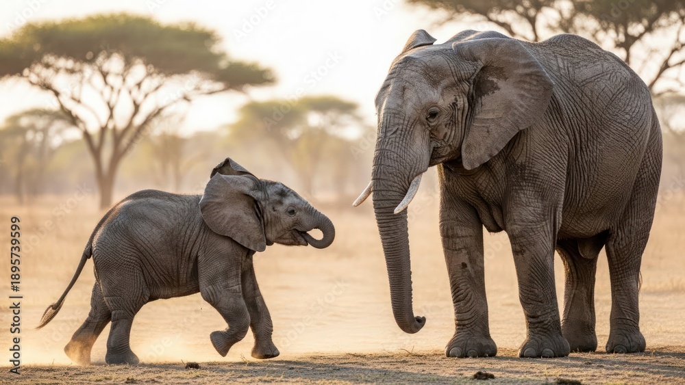 Fototapeta premium A large elephant stands beside a running young elephant in a savanna with trees and a warm, sunny