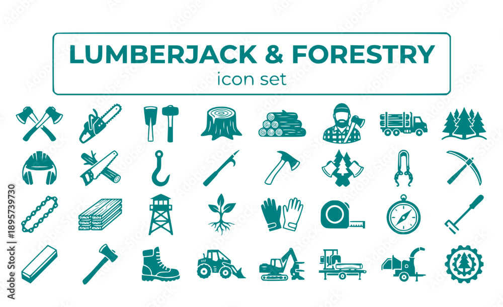 Naklejka premium Lumberjack Forestry Logger Axe Chainsaw Timber Logging Tree Cutting Wood Forest Industry Lumber Woodcutter Sawmill Vector Icon Set - Logging Industry