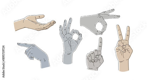 Various hand gestures and signs in different colors.
