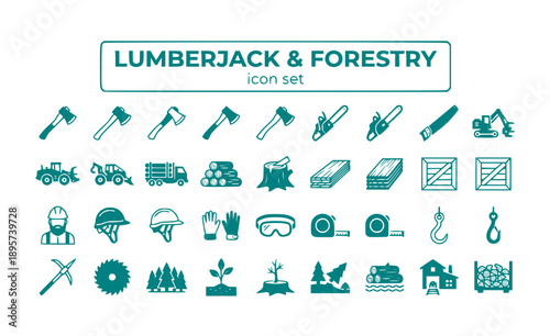 Lumberjack Forestry Logger Axe Chainsaw Timber Logging Tree Cutting Wood Forest Industry Lumber Woodcutter Sawmill Vector Icon Set - Logging Industry