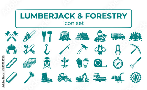 Lumberjack Forestry Logger Axe Chainsaw Timber Logging Tree Cutting Wood Forest Industry Lumber Woodcutter Sawmill Vector Icon Set - Logging Industry