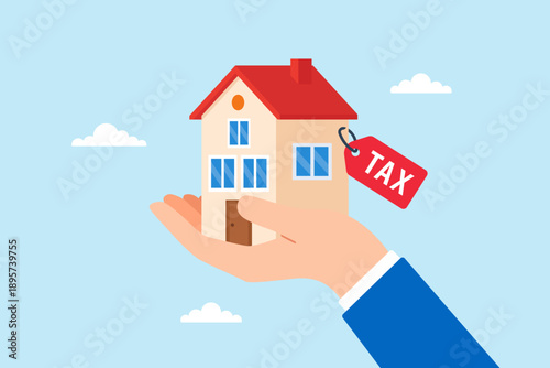 Flat illustration of businessman hand holding house with tax tag symbolizing property burden real estate cost homeowner expense and financial responsibility