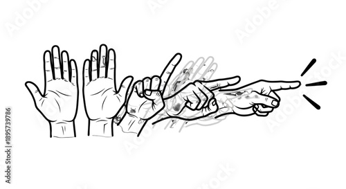 Three hands with different gestures, pointing and waving.