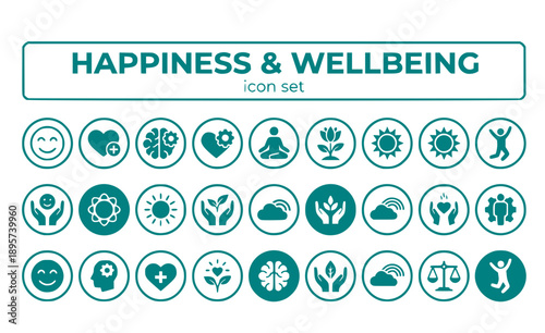 Happiness Wellbeing Joy Mental Health Positive Emotions Life Satisfaction Wellness Content Smile Peace Balance Lifestyle Quality Vector Icon Set - Life Happiness