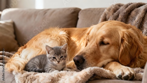 Wallpaper Mural Adorable Friendship of a Big Dog and a Tiny Kitten Napping Together Indoors Torontodigital.ca