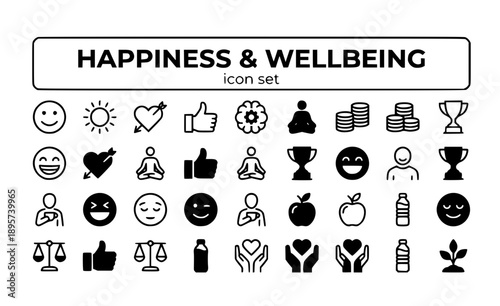 Happiness Wellbeing Joy Mental Health Positive Emotions Life Satisfaction Wellness Content Smile Peace Balance Lifestyle Quality Vector Icon Set - Life Happiness