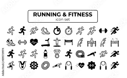 Running Fitness Jogging Marathon Exercise Sport Training Cardio Athletic Workout Health Runner Lifestyle Activity Performance Vector Icon Set - Running Sport