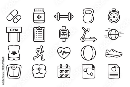 Health Fitness Line Icons with Exercise and Nutrition Elements