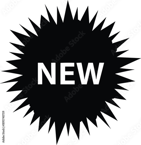 Black starburst label icon with bold “NEW” text, ideal for product packaging, marketing, advertising, and promotional design