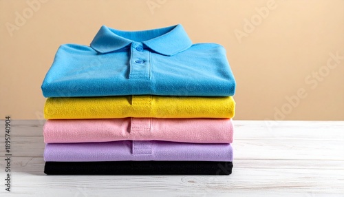 Neatly folded stack of vibrant polo shirts in various colors on a wooden surface, ready for wear
