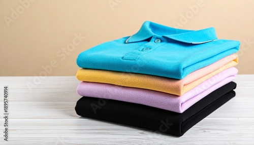 Stack of colorful folded polo shirts on a table