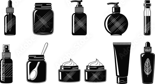 Black silhouette vector set of various cosmetic containers including dropper bottles cream jars pump dispensers and spray bottles for beauty skincare and spa branding design