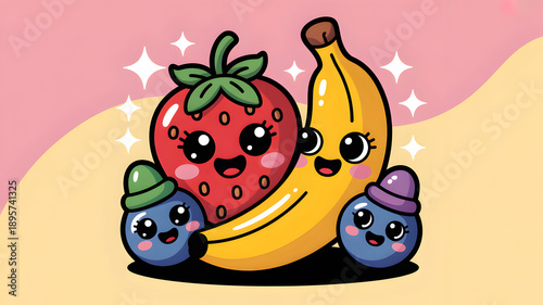 Cute smiling strawberry, banana, and two blueberries wearing small hats pose together in a cheerful kawaii style illustration with sparkling highlights.