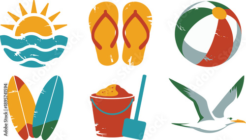 Summer Beach Vacation Icons, Ocean Holiday Elements, Sunny Season Recreation, Flip Flops, Surfboards, Seagull
