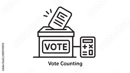 Minimalist black and white line art illustration depicting the crucial process of vote counting and election tabulation with a ballot box and calculator, symbolizing democratic integrity