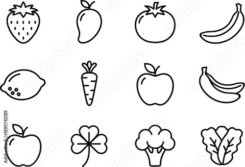 Fruit and vegetable line icon set with apple banana carrot broccoli clover strawberry outline vector illustration