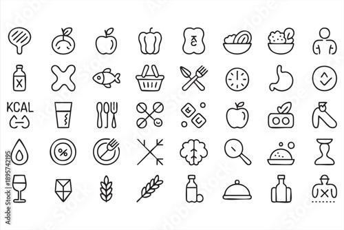 Healthy food outline icons for wellness and fitness apps