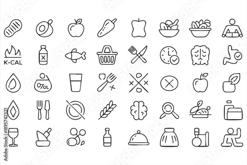 Nutrition and diet line icon set for healthy lifestyle design