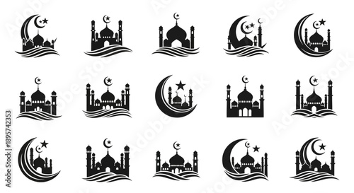 Islamic Mosque Symbols and Crescent Moon Icons.