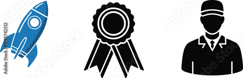 Collection of Business and Success Icons Featuring a Blue Space Rocket Black Award Ribbon Medal and a Professional Male Avatar Silhouette