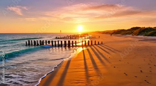 Sunset Beach with Golden Waves Crashing Gentle Tide Driftwood Horizon Glow