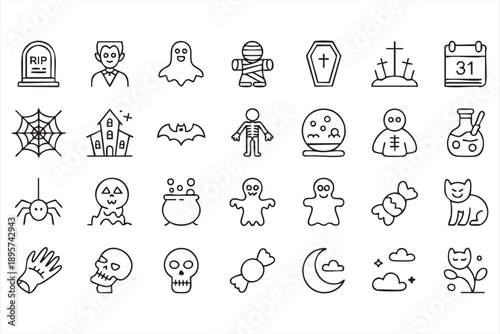 Horror themed line icons for Halloween branding and print