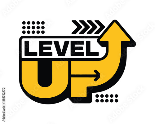 Level up typography logo vector, modern text design with arrow, growth and progress illustration.