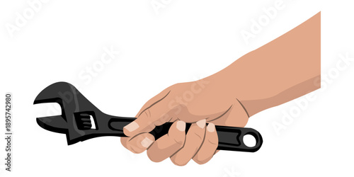 Hand holding wrench isolated white background