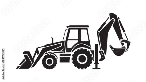 Detailed minimalist black and white silhouette of an essential backhoe loader, representing industrial construction, excavation, and groundwork machinery