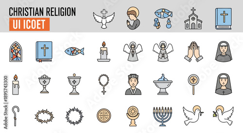 Christian Religion Icon Set, Vector Illustration