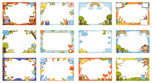 Cute Kids Frames with Animals, Rainbows, and School Supplies