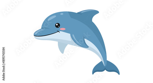 Cute Dolphin Cartoon Character Smiling and Swimming Isolated on White Background