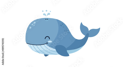 Cute Happy Whale Cartoon Character Blushing and Spouting Water Isolated on White